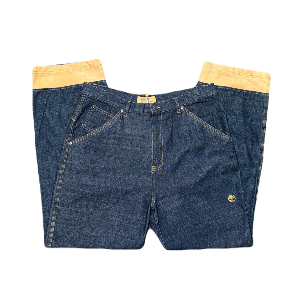 Timberland Boot Company Baggy Relaxed Jeans 38x33.5 Leather Raw Denim VTG Y2K